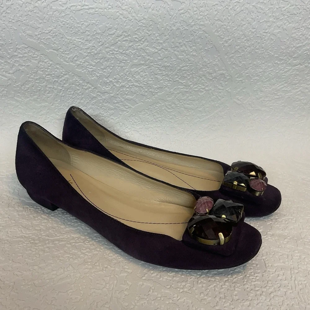 Kate Spade Ballerina Flats Womens 9B Purple Low Block Heel Embellished Rhineston